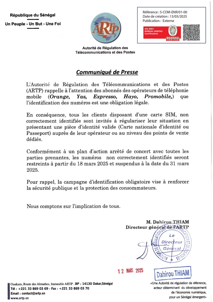 Abonnés des opérateurs mobiles : L’ARTP annonce la suspension des numéros non identifiés à partir du 31 mars 2025 Abonnés des opérateurs mobiles : L’ARTP annonce la suspension des numéros non identifiés à partir du 31 mars 2025
