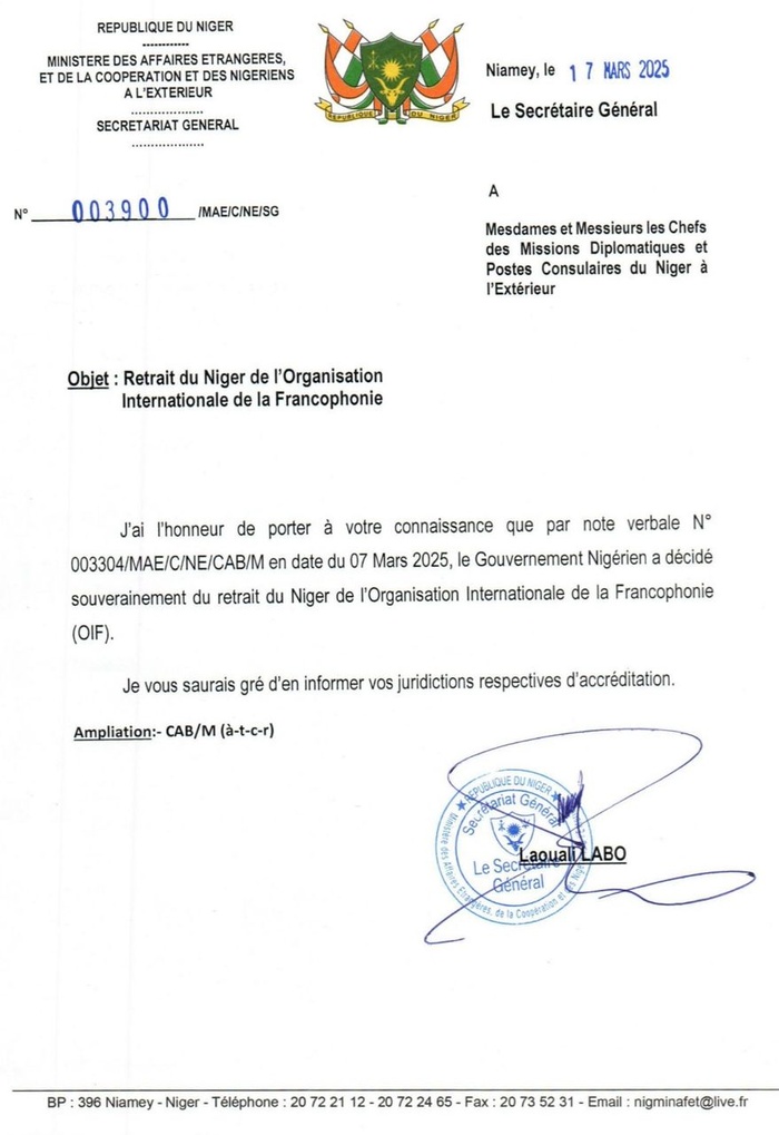 OIF : Le Niger se retire de la Francophonie OIF : Le Niger se retire de la Francophonie