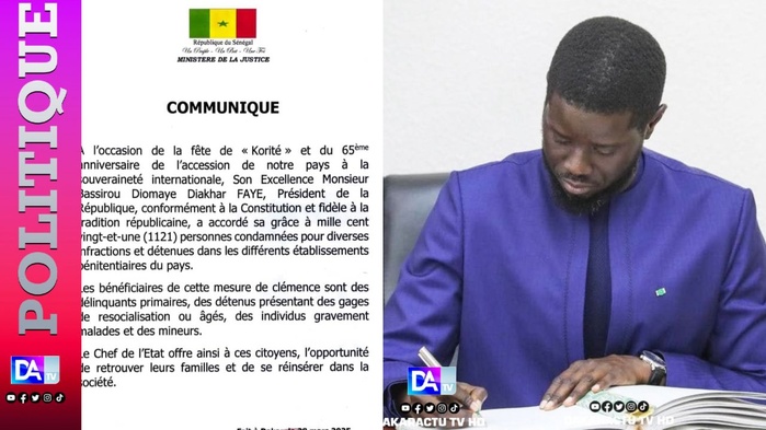 Korité et 65e Anniversaire de l'Indépendance : Le chef de l'État, Diomaye Faye, accorde la grâce à 1 121 personnes Korité et 65e Anniversaire de l'Indépendance : Le chef de l'État, Diomaye Faye, accorde la grâce à 1 121 personnes