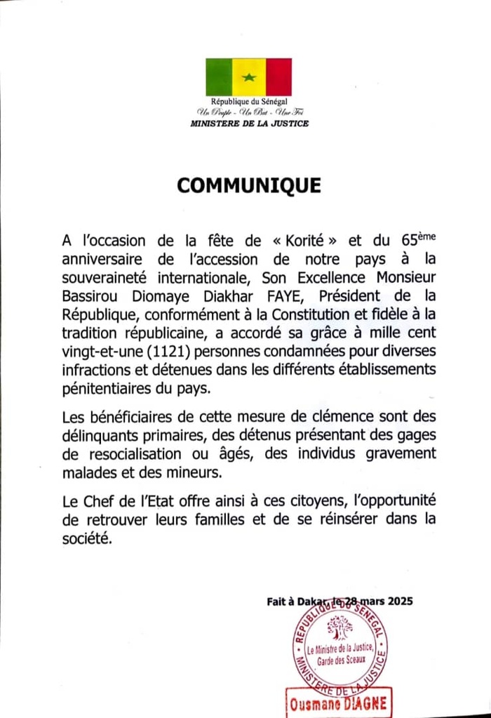 Korité et 65e Anniversaire de l'Indépendance : Le chef de l'État, Diomaye Faye, accorde la grâce à 1 121 personnes Korité et 65e Anniversaire de l'Indépendance : Le chef de l'État, Diomaye Faye, accorde la grâce à 1 121 personnes