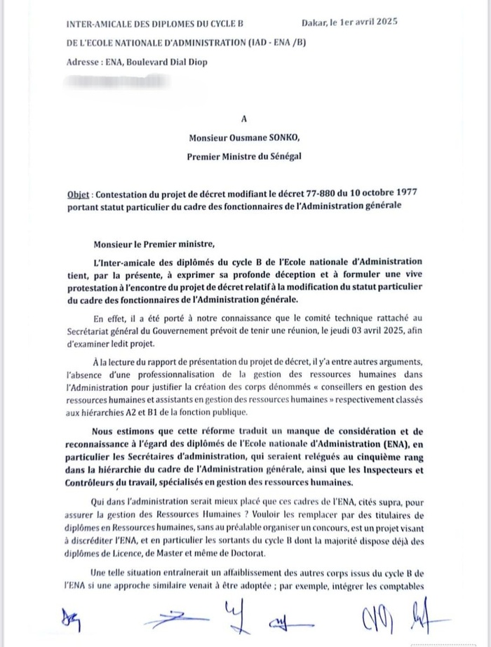 Décret sur le statut particulier des fonctionnaires de l'Administration générale : Les Énarques du cycle B expriment leur désapprobation et alertent le Premier ministre Décret sur le statut particulier des fonctionnaires de l'Administration générale : Les Énarques du cycle B expriment leur désapprobation et alertent le Premier ministre