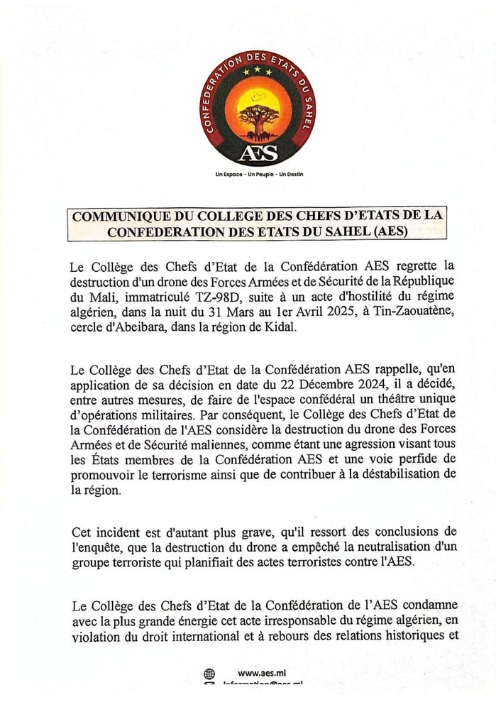 Destruction d’un drone malien : l’AES rappelle ses ambassadeurs accrédités en Algérie pour consultations Destruction d’un drone malien : l’AES rappelle ses ambassadeurs accrédités en Algérie pour consultations