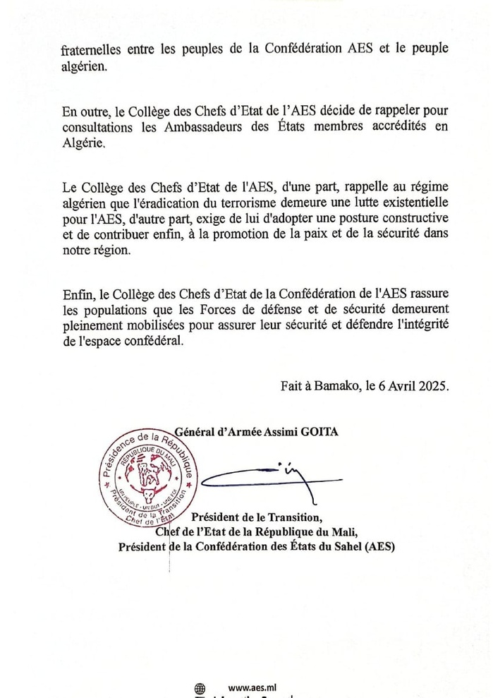 Destruction d’un drone malien : l’AES rappelle ses ambassadeurs accrédités en Algérie pour consultations Destruction d’un drone malien : l’AES rappelle ses ambassadeurs accrédités en Algérie pour consultations