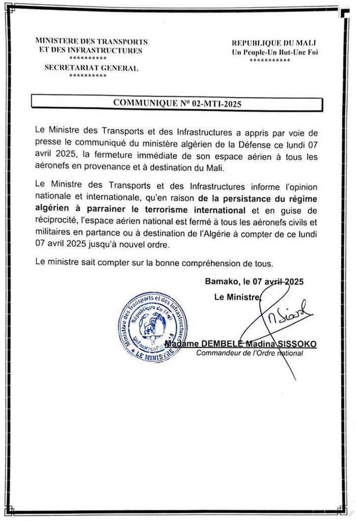 Bamako réagit par réciprocité à la décision de l’Algérie de fermer son espace aérien Bamako réagit par réciprocité à la décision de l’Algérie de fermer son espace aérien