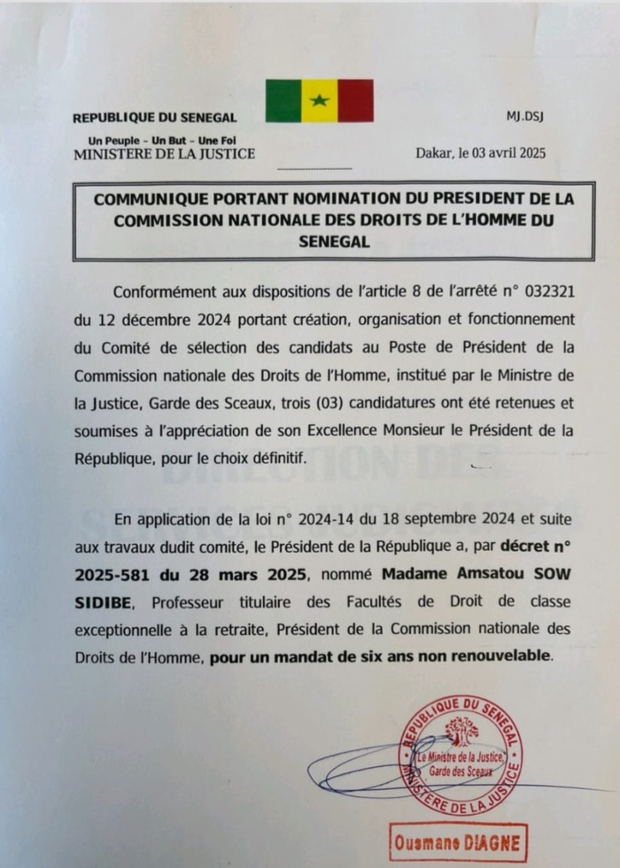 CNDH : Amsatou Sow Sidibé nommée présidente pour un mandat de 6 ans CNDH : Amsatou Sow Sidibé nommée présidente pour un mandat de 6 ans