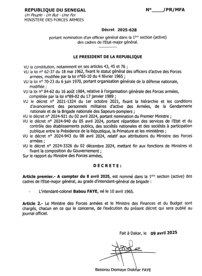 L’Intendant-Colonel Babou Faye nommé intendant général de brigade L’Intendant-Colonel Babou Faye nommé intendant général de brigade