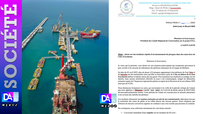 Exécution du GTA : les pêcheurs artisanaux de Saint-Louis dénoncent l’arraisonnement de 12 de leurs bateaux et alertent sur les incidents du projet gazier Exécution du GTA : les pêcheurs artisanaux de Saint-Louis dénoncent l’arraisonnement de 12 de leurs bateaux et alertent sur les incidents du projet gazier