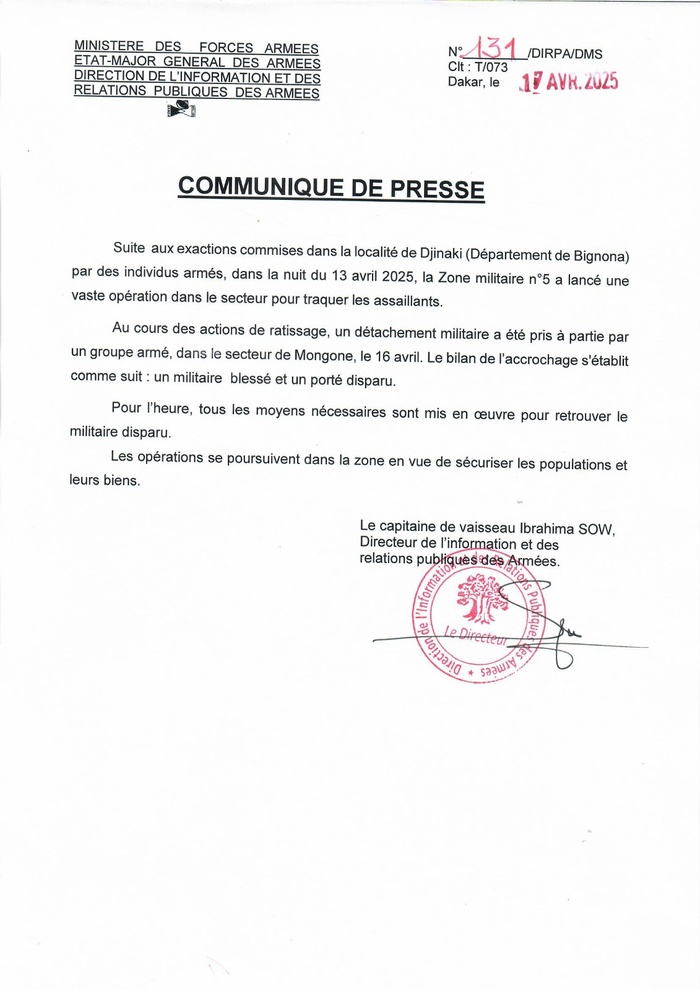 Bignona/Opération de ratissage à Djinaki : Un militaire blessé et un autre porté disparu (Dirpa) Bignona/Opération de ratissage à Djinaki : Un militaire blessé et un autre porté disparu (Dirpa)