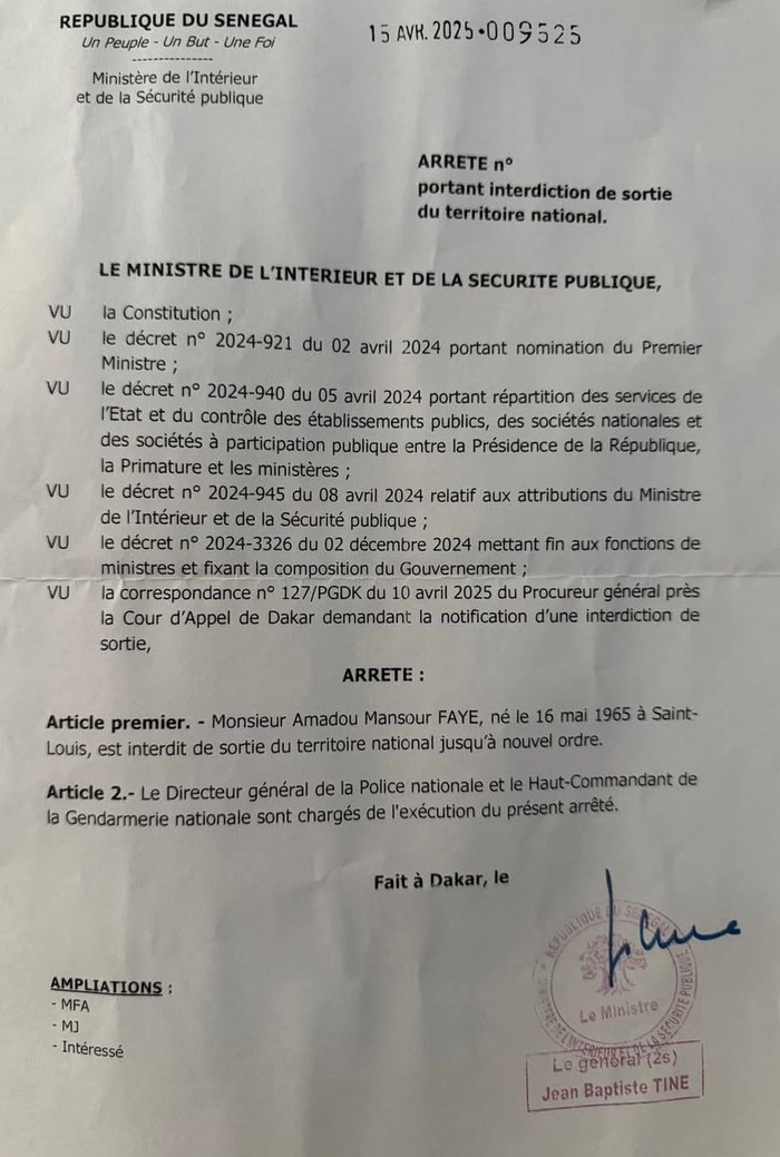 Interdiction de sortie du territoire : Mansour Faye a reçu l’arrêté du ministère de l’Intérieur Interdiction de sortie du territoire : Mansour Faye a reçu l’arrêté du ministère de l’Intérieur