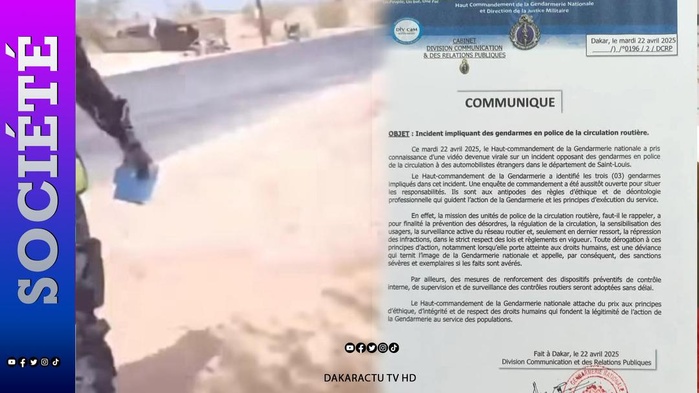 Saint-Louis : la vidéo virale d’un incident entre gendarmes et automobilistes étrangers fait polémique – La Gendarmerie ouvre une enquête et promet des sanctions exemplaires Saint-Louis : la vidéo virale d’un incident entre gendarmes et automobilistes étrangers fait polémique – La Gendarmerie ouvre une enquête et promet des sanctions exemplaires