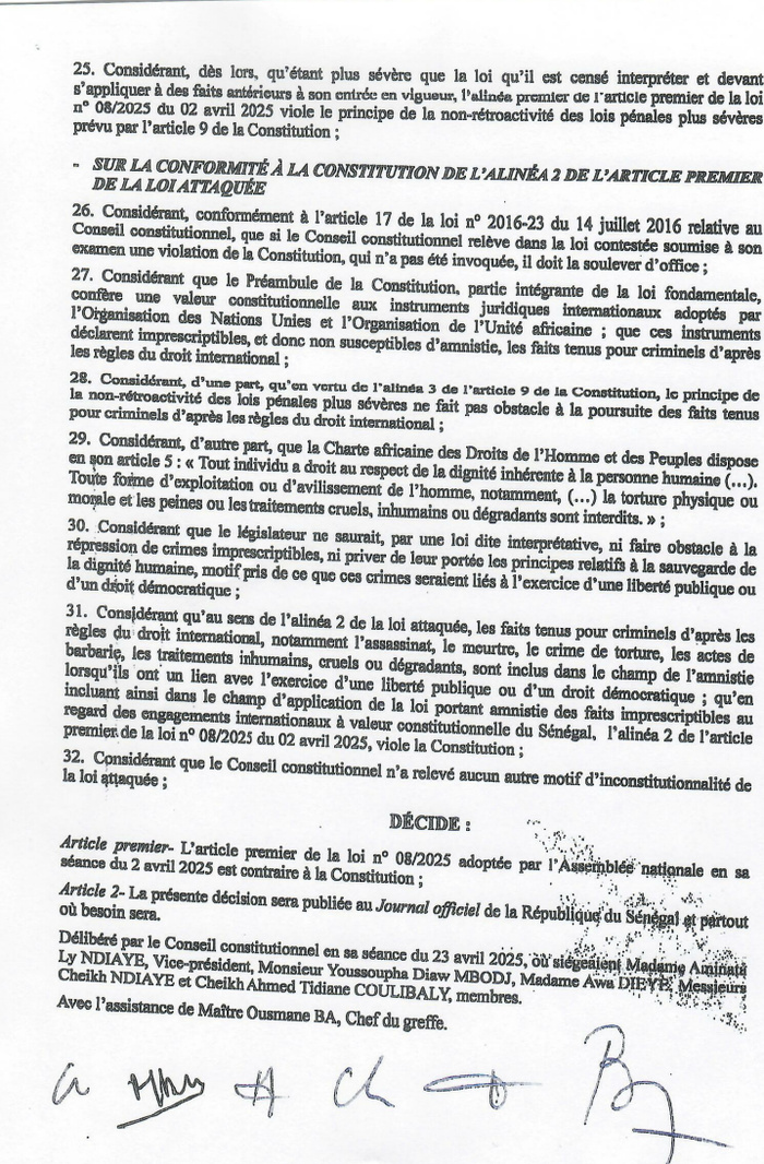 Recours de l'opposition : Le Conseil constitutionnel sénégalais déclare la loi d'interprétation sur l'amnistie non conforme