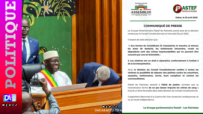 Le Pastef « interprète » la décision du CC sur l’amnistie et précise que « sa revendication a trouvé un écho favorable » Le Pastef « interprète » la décision du CC sur l’amnistie et précise que « sa revendication a trouvé un écho favorable »