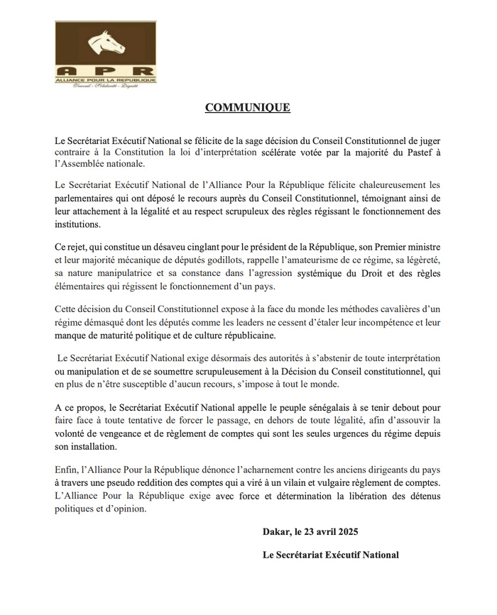 Décision du CC sur l’amnistie : « Ce rejet, qui constitue un désaveu cinglant pour le président de la République, son Premier ministre et leur majorité mécanique de députés godillots », APR Décision du CC sur l’amnistie : « Ce rejet, qui constitue un désaveu cinglant pour le président de la République, son Premier ministre et leur majorité mécanique de députés godillots », APR
