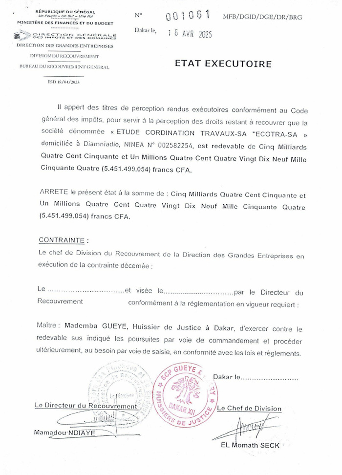 Affaire ECOTRA-LBA - Impôts : Deux nouvelles demandes de fermeture des comptes de la société de l’homme d’affaires Abdoulaye Sylla Affaire ECOTRA-LBA - Impôts : Deux nouvelles demandes de fermeture des comptes de la société de l’homme d’affaires Abdoulaye Sylla