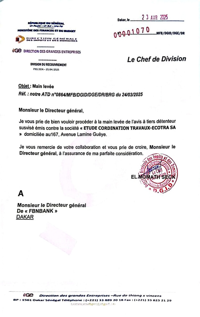 Affaire ECOTRA - LBA - Impôts : une main levée fiscale pourrait débloquer la situation imminente dans les prochaines heures Affaire ECOTRA - LBA - Impôts : une main levée fiscale pourrait débloquer la situation imminente dans les prochaines heures