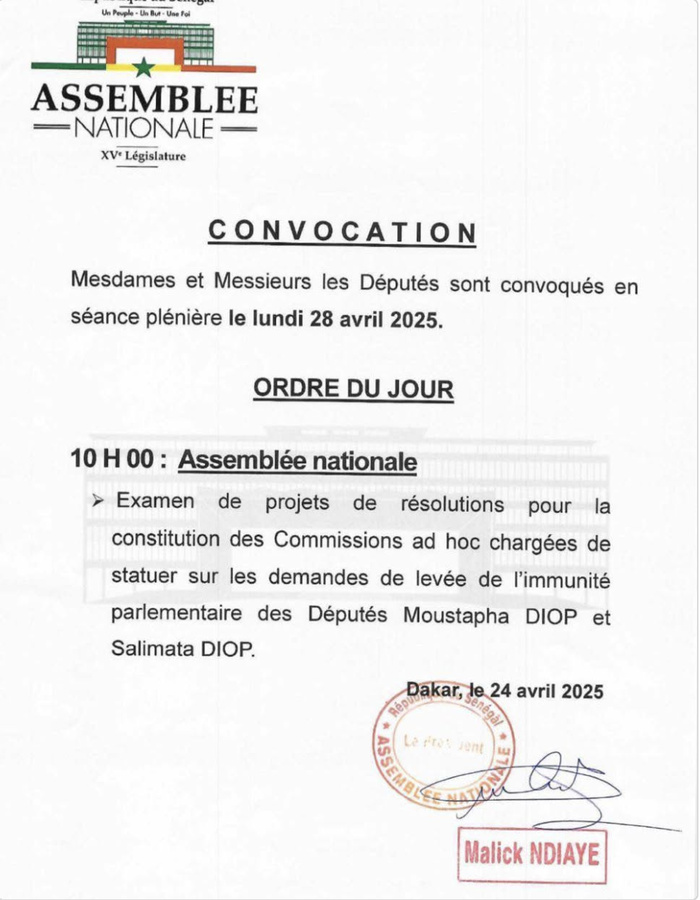 Levée de l’immunité parlementaire des députés Moustapha Diop et Ndèye Saly Diop Dieng : Constitution des commissions ad hoc prévue ce lundi Levée de l’immunité parlementaire des députés Moustapha Diop et Ndèye Saly Diop Dieng : Constitution des commissions ad hoc prévue ce lundi