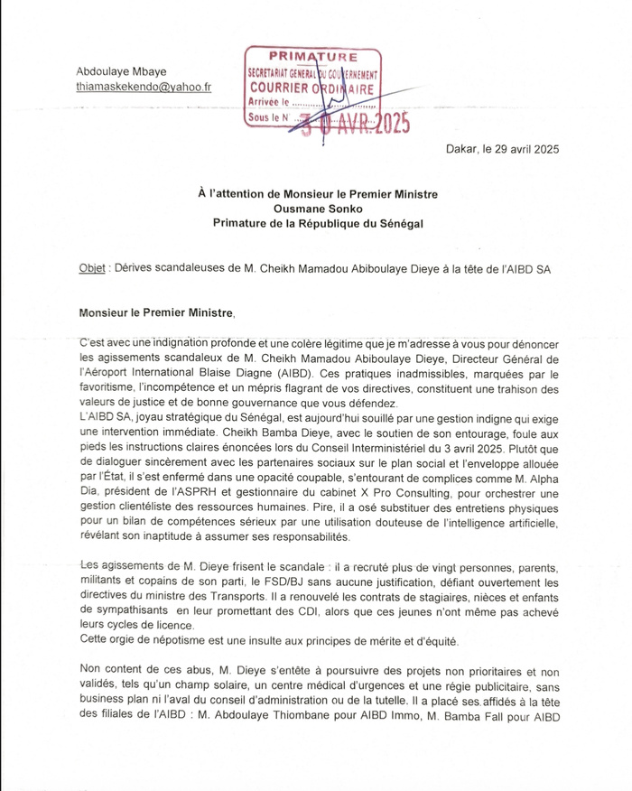 AIBD : « Une gestion opaque » de Cheikh Bamba Dièye dénoncée, la direction dément, évoque des mesures correctives et un plan social AIBD : « Une gestion opaque » de Cheikh Bamba Dièye dénoncée, la direction dément, évoque des mesures correctives et un plan social