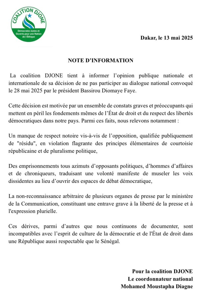 Dialogue national du 28 mai : la coalition DJONE annonce son boycott et dénonce des dérives démocratiques Dialogue national du 28 mai : la coalition DJONE annonce son boycott et dénonce des dérives démocratiques