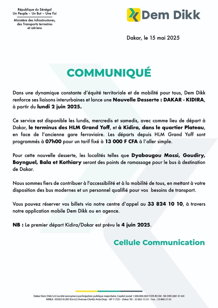 Transports Interurbains : Dem Dikk lance la desserte Dakar-Kidira à partir du 2 juin Transports Interurbains : Dem Dikk lance la desserte Dakar-Kidira à partir du 2 juin