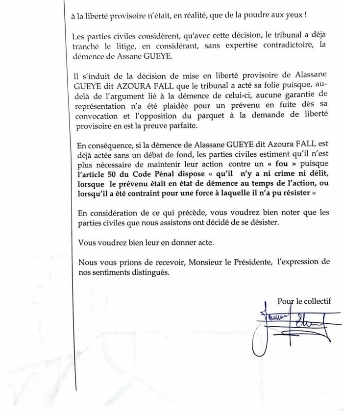 Démence d'Azoura Fall attestée par un médecin militant de Pastef : Les parties civiles choisissent le désistement Démence d'Azoura Fall attestée par un médecin militant de Pastef : Les parties civiles choisissent le désistement
