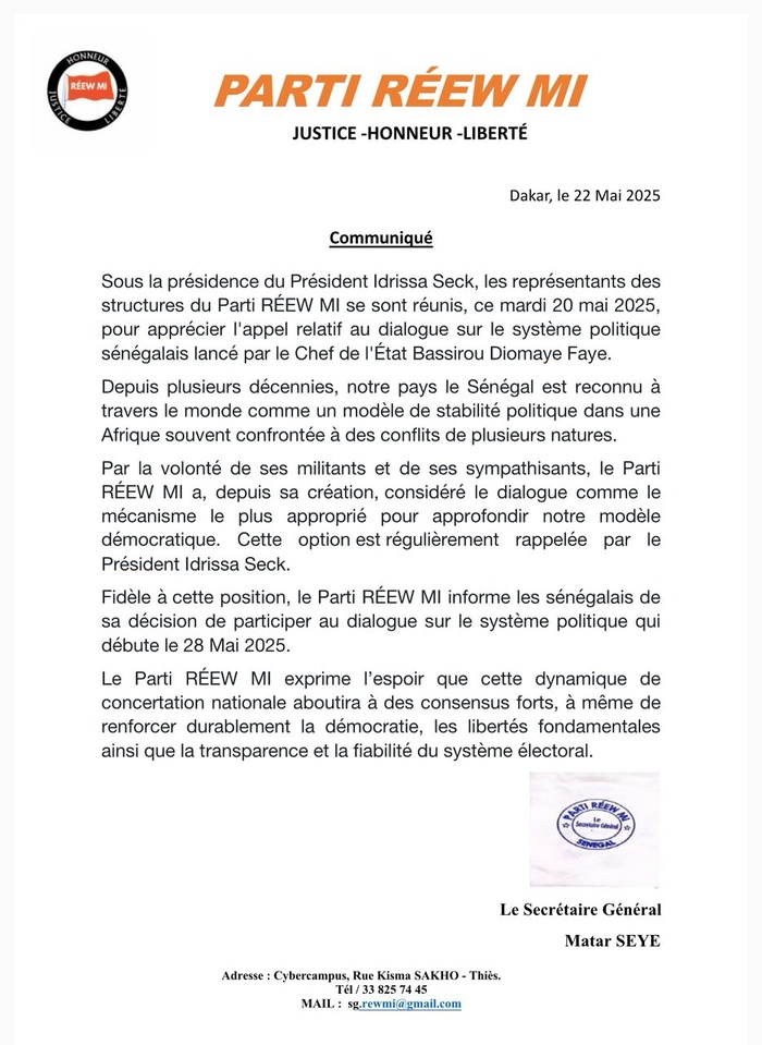 RÉEWMI, d'Idrissa Seck, confirme sa participation au dialogue national du 28 Mai RÉEWMI, d'Idrissa Seck, confirme sa participation au dialogue national du 28 Mai