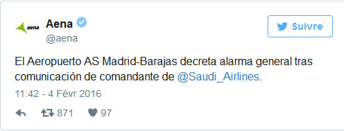Alerte à la bombe à bord d'un vol Madrid-Riyad