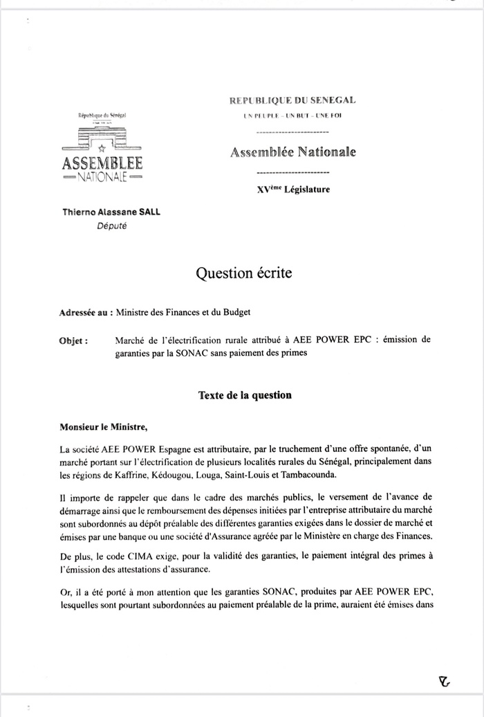 Affaire ASER-AEE PowerEPC : Thierno Alassane Sall adresse une question écrite au ministre des finances et du budget Affaire ASER-AEE PowerEPC : Thierno Alassane Sall adresse une question écrite au ministre des finances et du budget
