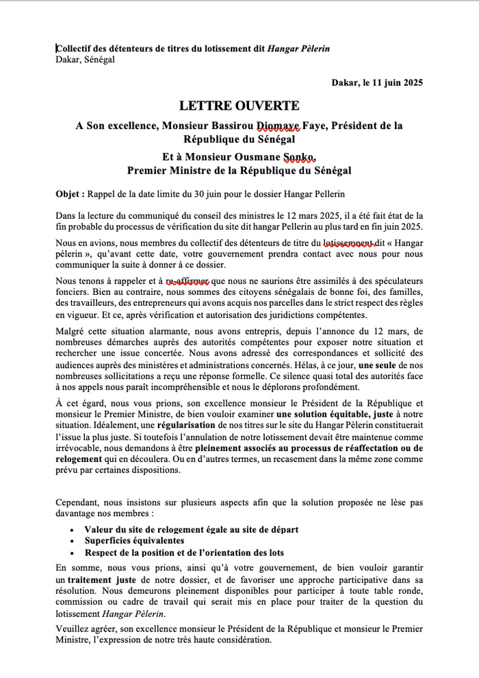 Régularisation du lotissement dit Hangar Pèlerin : le collectif des détenteurs de titres écrit au tandem Diomaye-Sonko Régularisation du lotissement dit Hangar Pèlerin : le collectif des détenteurs de titres écrit au tandem Diomaye-Sonko