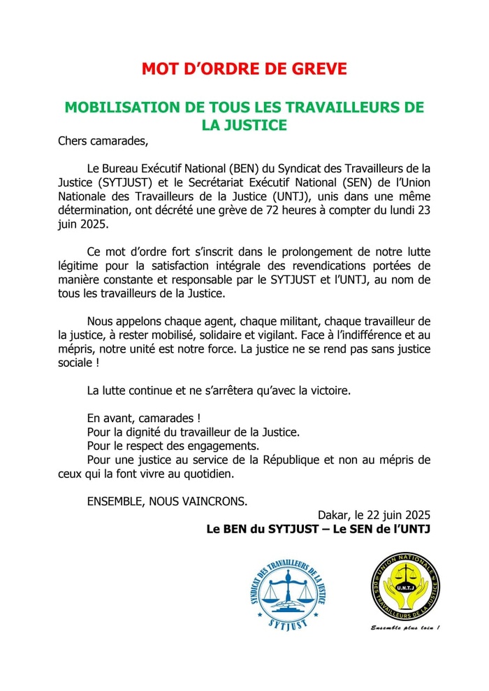 Grève des travailleurs de la Justice : le SYTJUST et l'UNTJ unissent leurs forces et maintiennent leur mot d'ordre de 72h Grève des travailleurs de la Justice : le SYTJUST et l'UNTJ unissent leurs forces et maintiennent leur mot d'ordre de 72h