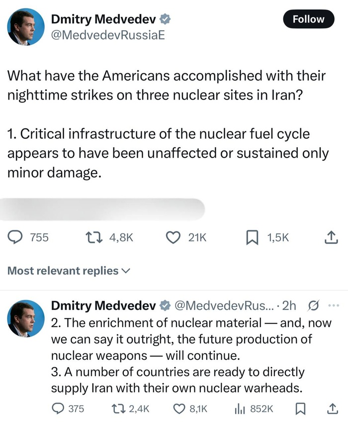 Dmitri Medvedev évoque une possible fourniture d'ogives nucléaires à l'Iran par "certains pays" Dmitri Medvedev évoque une possible fourniture d'ogives nucléaires à l'Iran par "certains pays"