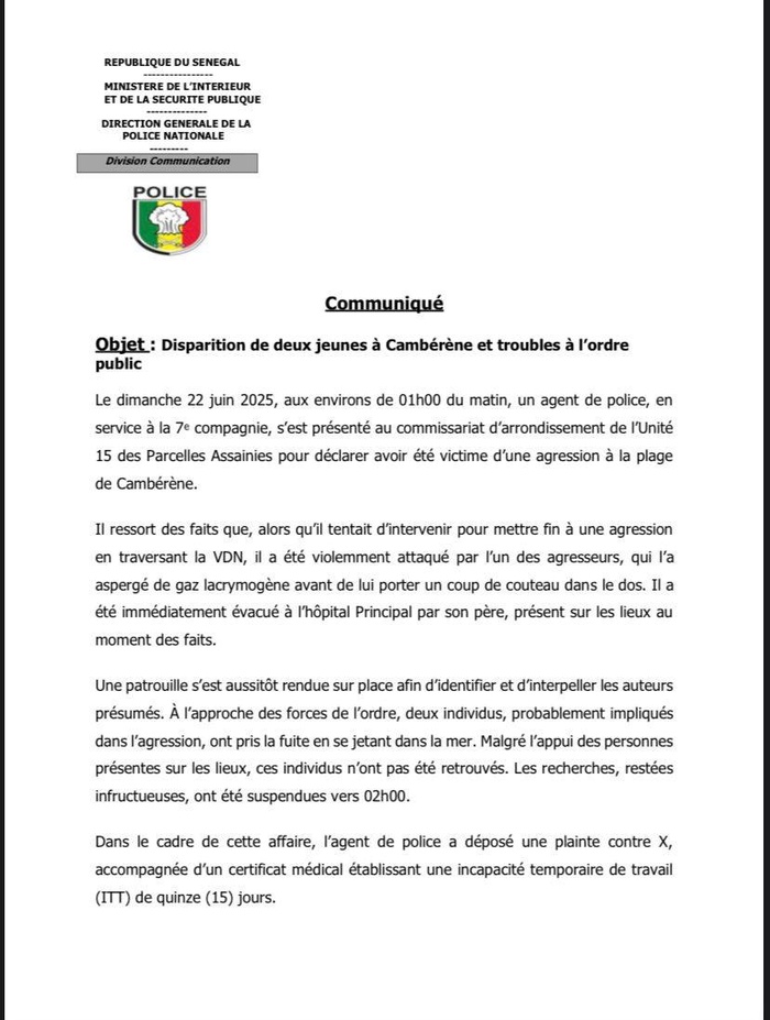 Agression d’un policier, fuite en mer et disparition inquiétante : la version officielle d’un drame à Cambérène Agression d’un policier, fuite en mer et disparition inquiétante : la version officielle d’un drame à Cambérène