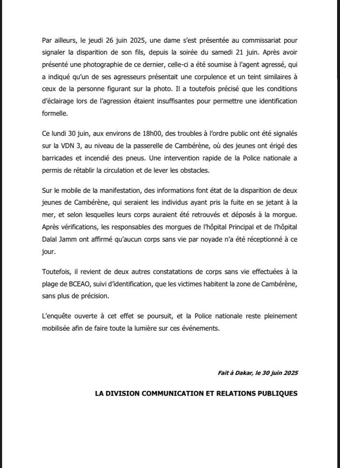 Agression d’un policier, fuite en mer et disparition inquiétante : la version officielle d’un drame à Cambérène Agression d’un policier, fuite en mer et disparition inquiétante : la version officielle d’un drame à Cambérène