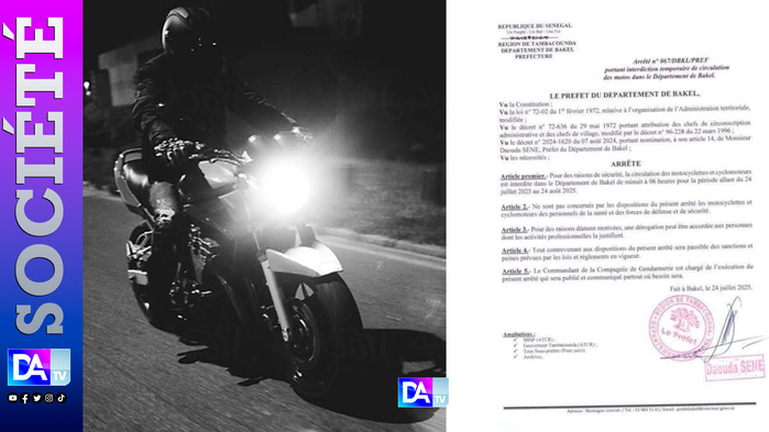 Bakel : Le préfet interdit la circulation nocturne des motos et cyclomoteurs du 24 juillet au 24 août 2025 Bakel : Le préfet interdit la circulation nocturne des motos et cyclomoteurs du 24 juillet au 24 août 2025