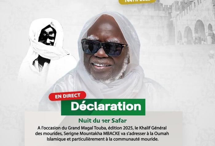 TOUBA- Déclaration attendue du Khalife des Mourides ce soir à 21 heures sur le Grand magal de Touba et les urgences qui l’entourent . TOUBA- Déclaration attendue du Khalife des Mourides ce soir à 21 heures sur le Grand magal de Touba et les urgences qui l’entourent .