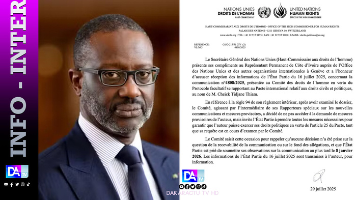 Un comité de l'ONU appelle la Côte d'Ivoire à garantir l'exercice des "droits politiques" de Thiam, selon son avocat Un comité de l'ONU appelle la Côte d'Ivoire à garantir l'exercice des "droits politiques" de Thiam, selon son avocat