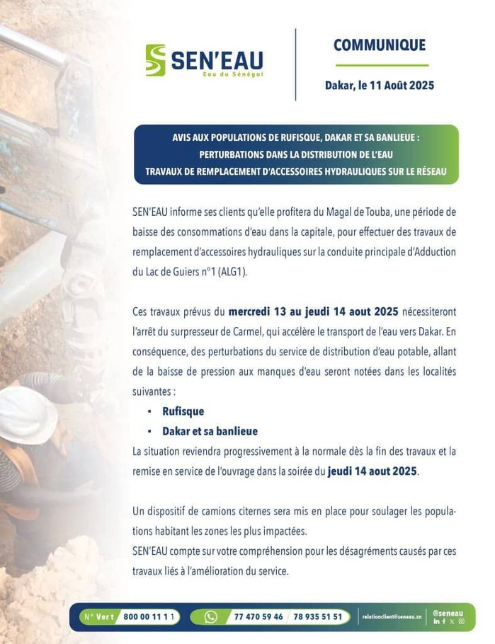 Approvisionnement en eau potable : Seneau annonce des perturbations à Dakar et sa banlieue, entre mercredi et jeudi 14 août