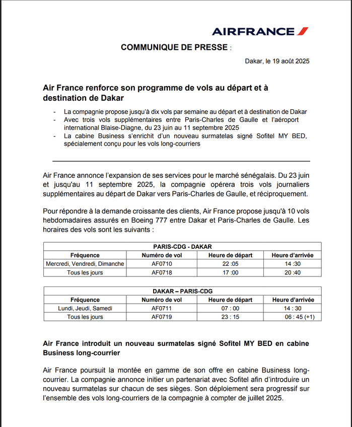 Air France renforce son programme de vols au départ et à destination de Dakar Air France renforce son programme de vols au départ et à destination de Dakar