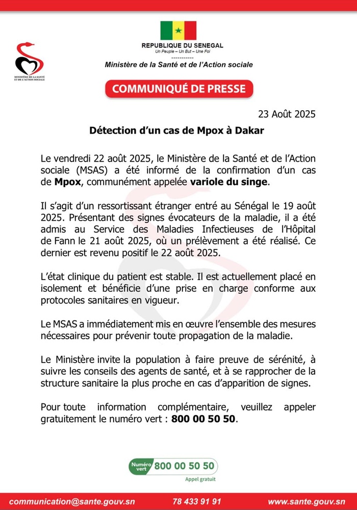 Dakar : un premier cas de Mpox confirmé Dakar : un premier cas de Mpox confirmé