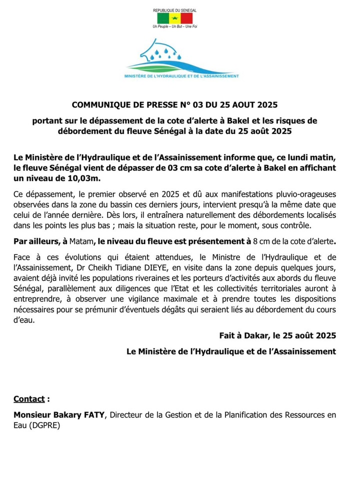 Débordement du fleuve Sénégal : La côte d’alerte à Bakel passée de 03 cm (10,03 m), selon le Ministère de l’hydraulique et de l’assainissement Débordement du fleuve Sénégal : La côte d’alerte à Bakel passée de 03 cm (10,03 m), selon le Ministère de l’hydraulique et de l’assainissement