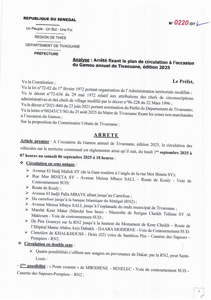Plan de circulation du gamou de Tivaouane : interdiction pour les véhicules hippomobiles de circuler sur les routes bitumées[...]Le stationnement sur la voie publique interdit