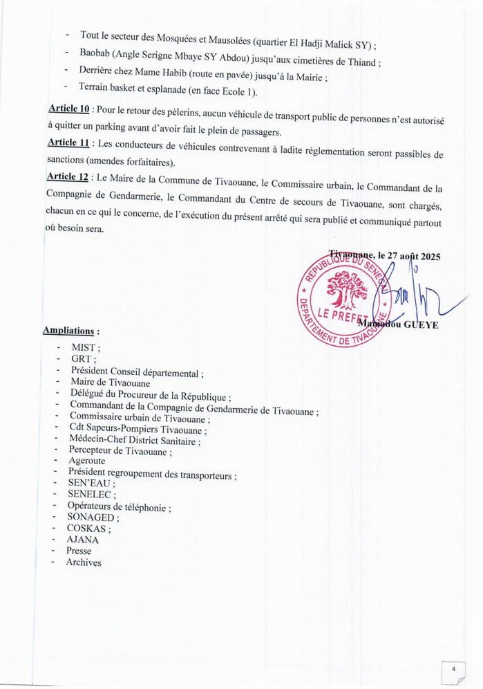 Plan de circulation du gamou de Tivaouane : interdiction pour les véhicules hippomobiles de circuler sur les routes bitumées[...]Le stationnement sur la voie publique interdit
