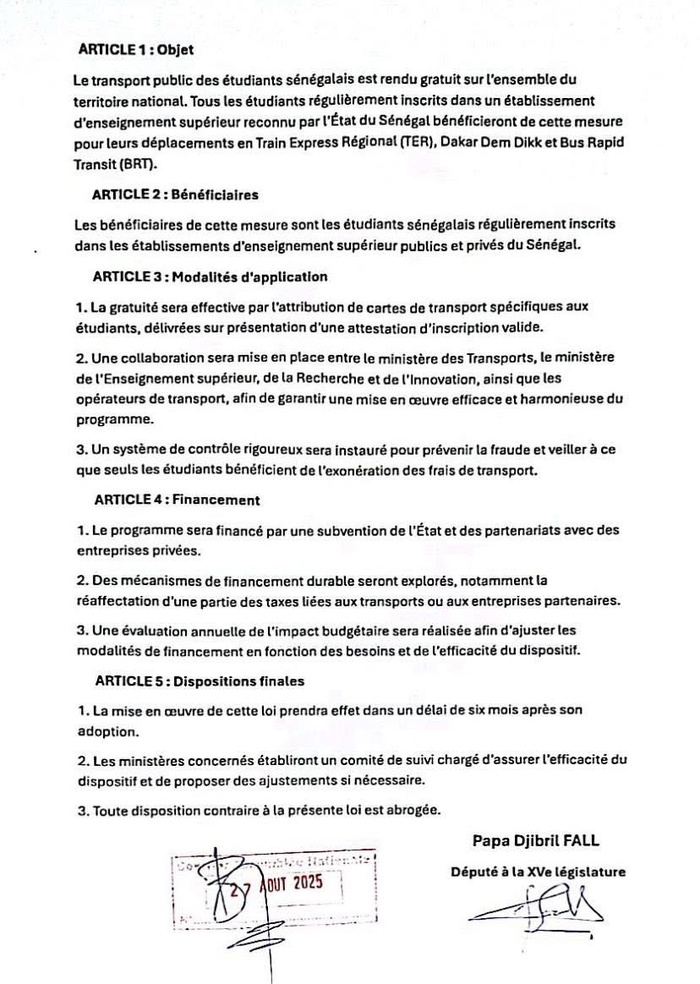 Assemblée nationale : Papa Djibril Fall dépose une proposition de loi relative à la gratuité du transport public terrestre pour les étudiants sénégalais