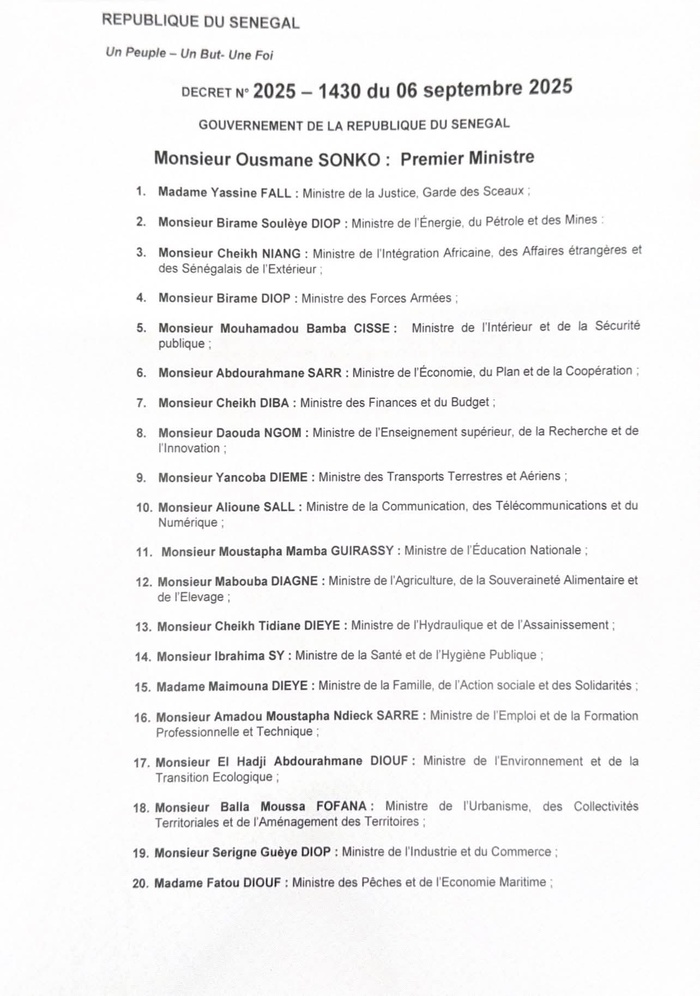 Remaniement: Voici la composition du nouveau gouvernement de Sonko 2 Remaniement: Voici la composition du nouveau gouvernement de Sonko 2