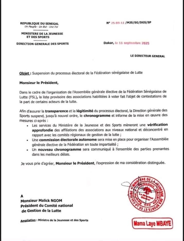 Mise en place d’une fédération Sénégalaise de lutte: le processus électoral suspendu ! Mise en place d’une fédération Sénégalaise de lutte: le processus électoral suspendu !