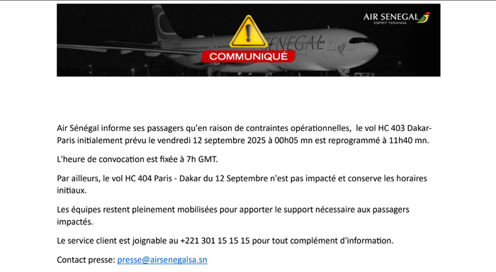 Air Sénégal : Le vol Dakar-Paris HC403 reprogrammé, ce vendredi Air Sénégal : Le vol Dakar-Paris HC403 reprogrammé, ce vendredi
