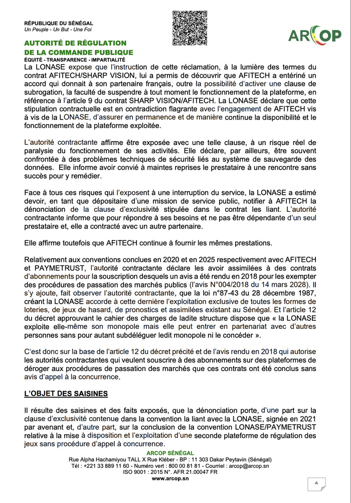 Affaire Lonase Afitech : l'ARCOP renvoie les deux parties devant le juge Affaire Lonase Afitech : l'ARCOP renvoie les deux parties devant le juge