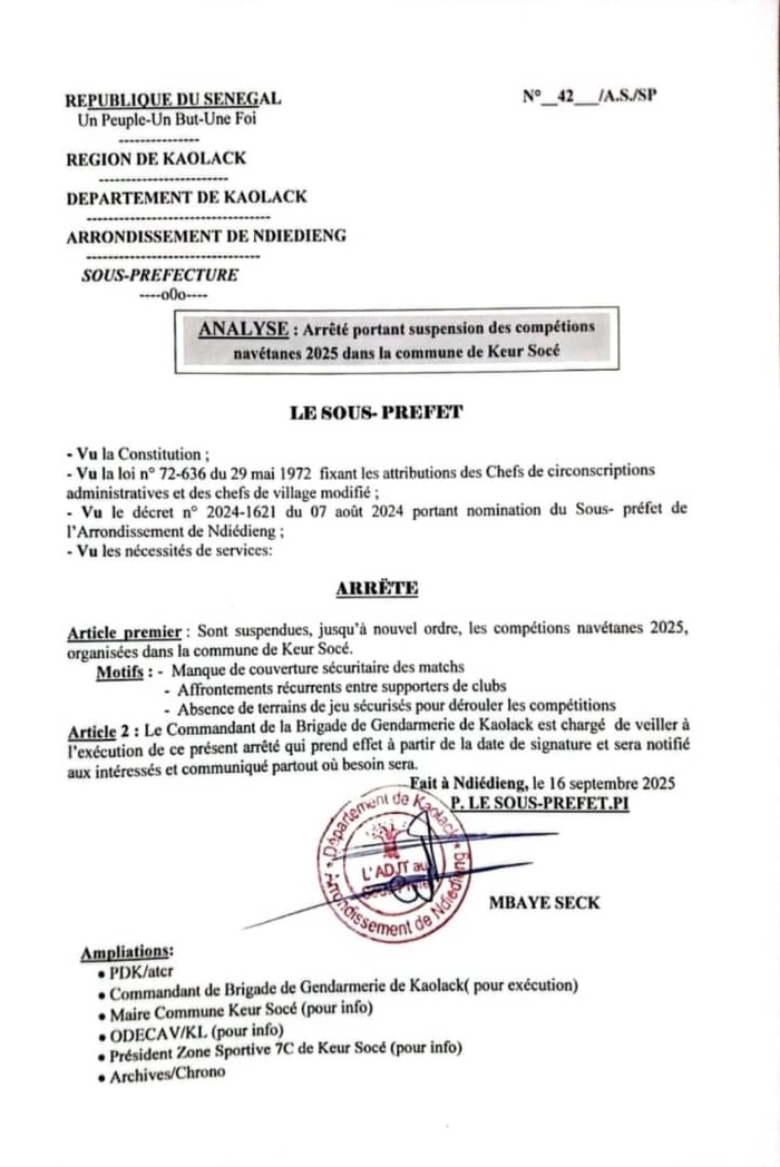 Keur Socé- Affrontements, absence de terrains sécurisés: Le sous-préfet de Ndiédieng suspend les Navétanes Keur Socé- Affrontements, absence de terrains sécurisés: Le sous-préfet de Ndiédieng suspend les Navétanes