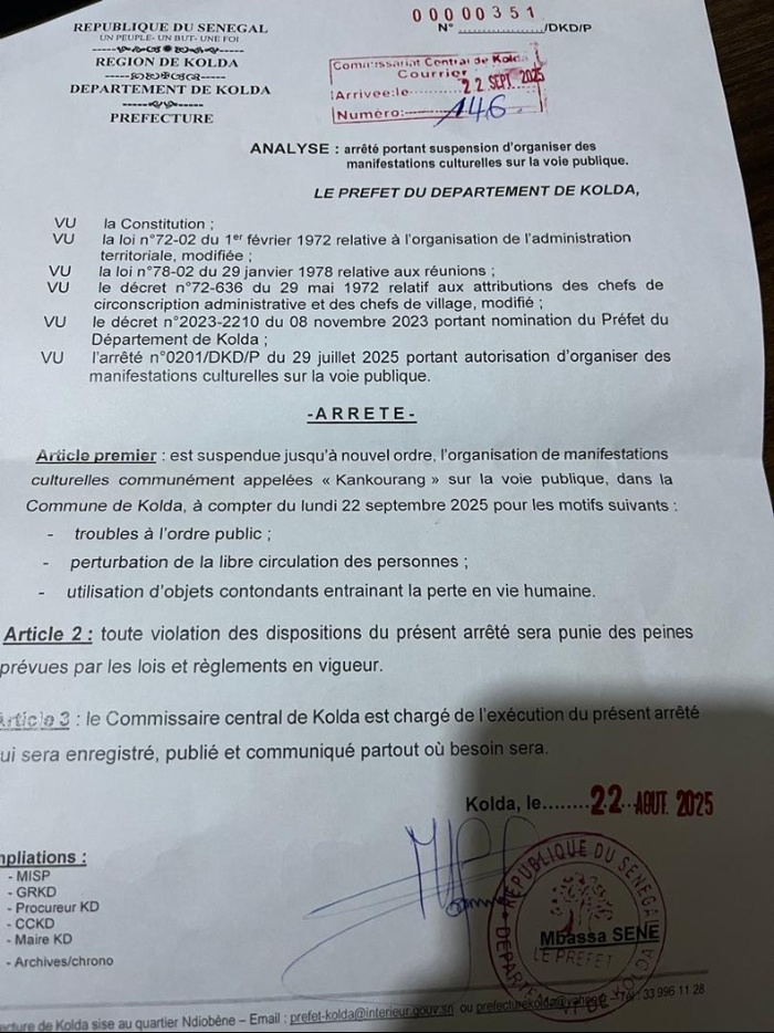 KOLDA : Le préfet interdit la sortie du kankourang jusqu'à nouvel ordre... KOLDA : Le préfet interdit la sortie du kankourang jusqu'à nouvel ordre...