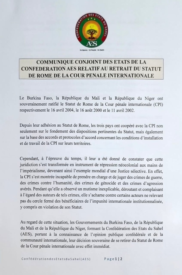 CPI : La Confédération des États du Sahel (AES) se retire de la haute juridiction internationale CPI : La Confédération des États du Sahel (AES) se retire de la haute juridiction internationale
