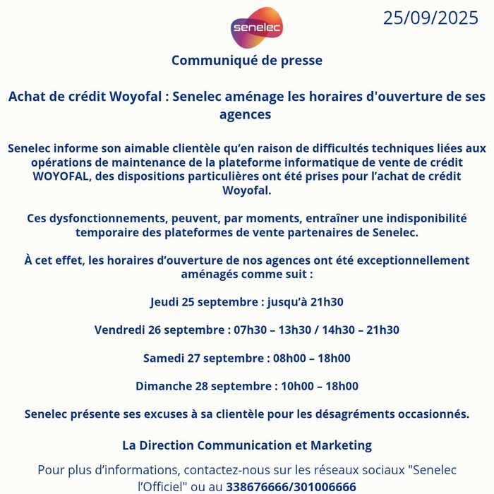 Perturbations dans l'achat de crédit Woyofal: Les horaires d'ouverture des agences Senelec réaménagés Perturbations dans l'achat de crédit Woyofal: Les horaires d'ouverture des agences Senelec réaménagés